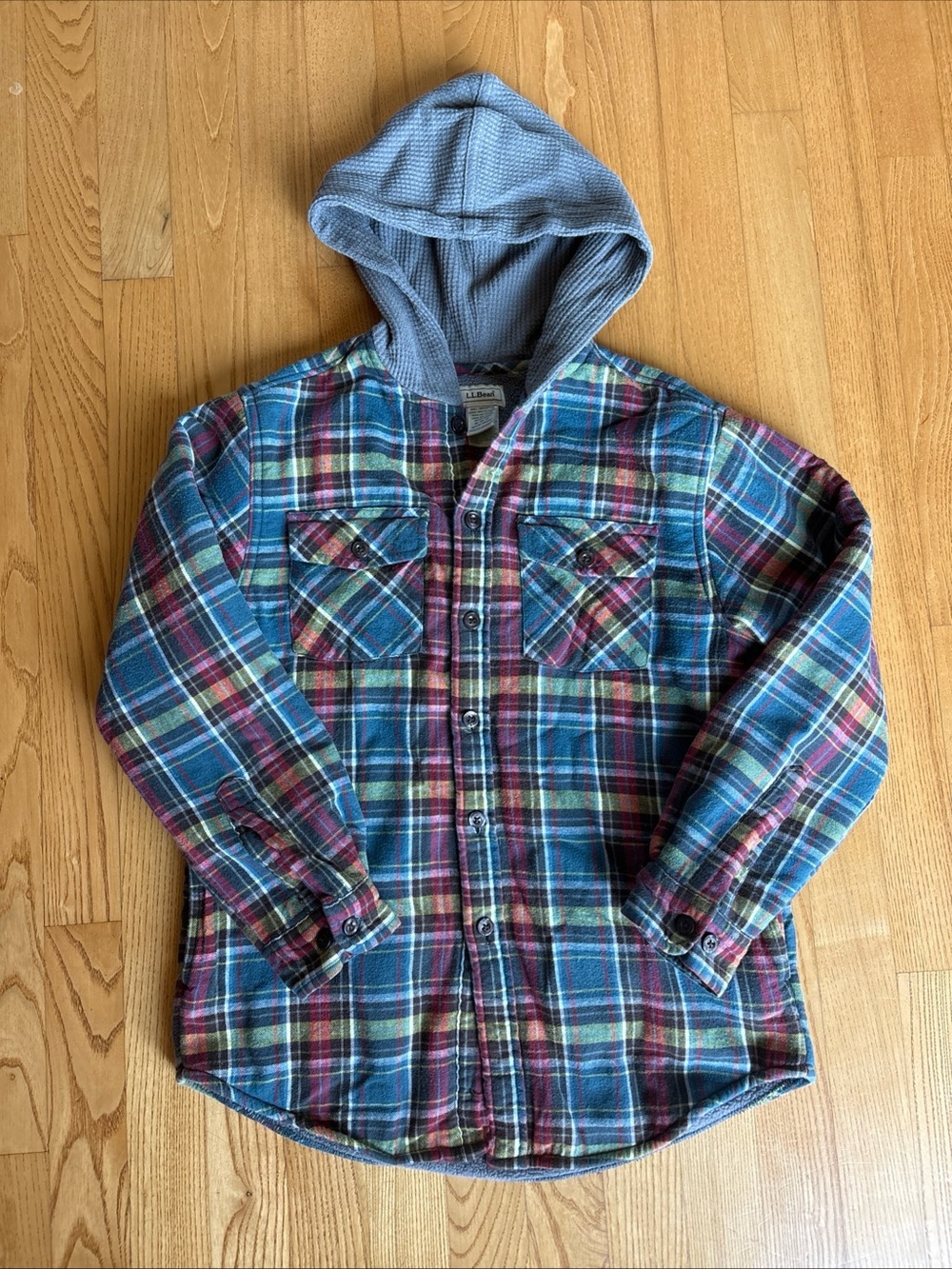 L.L. Bean Fleece Lined Flannel Shirt Plaid Boys Hoodie Youth Medium 10-12 Hooded